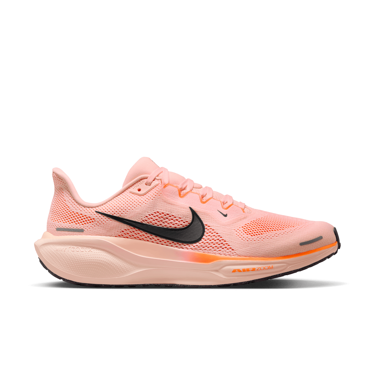 Pink running shoe with black Nike logo on a dark gray background