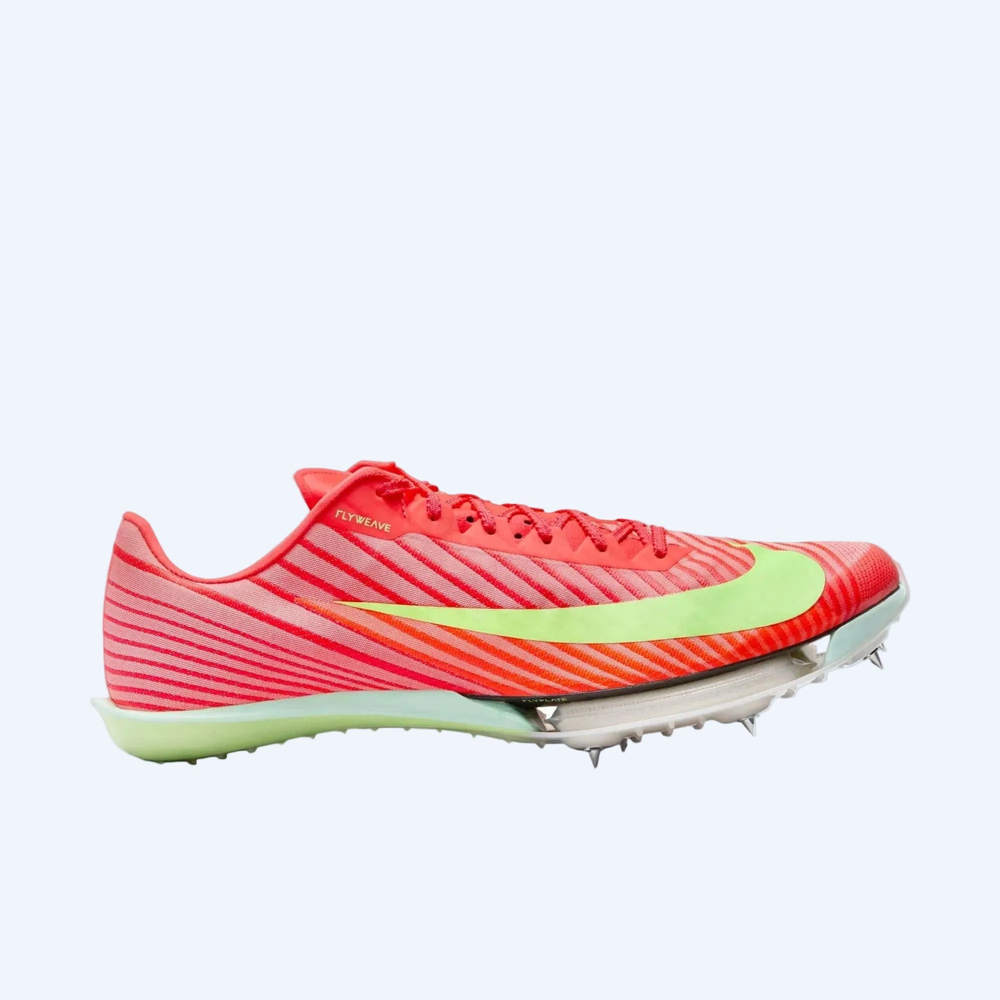 A pair of red Nike Air Zoom Maxfly 2 track and field shoes with green accents and spikes on the sole.