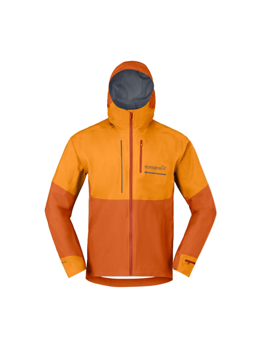 Orange and brown jacket with a brand logo on a gray background