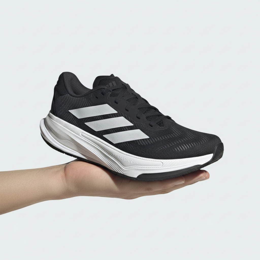 Black Adidas running shoe with white sole on a white background