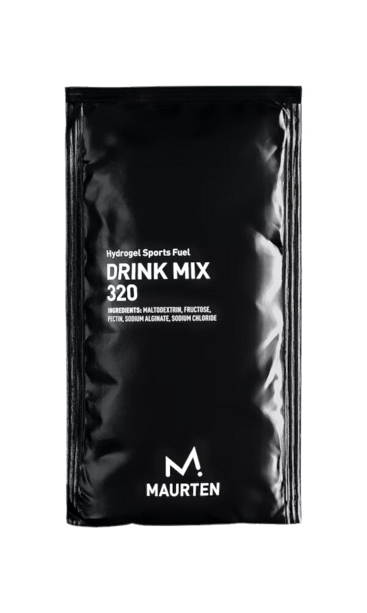 A black resealable pouch of Maurten Drink Mix 320 Hydrogel Sports Fuel, shown against a plain white background.