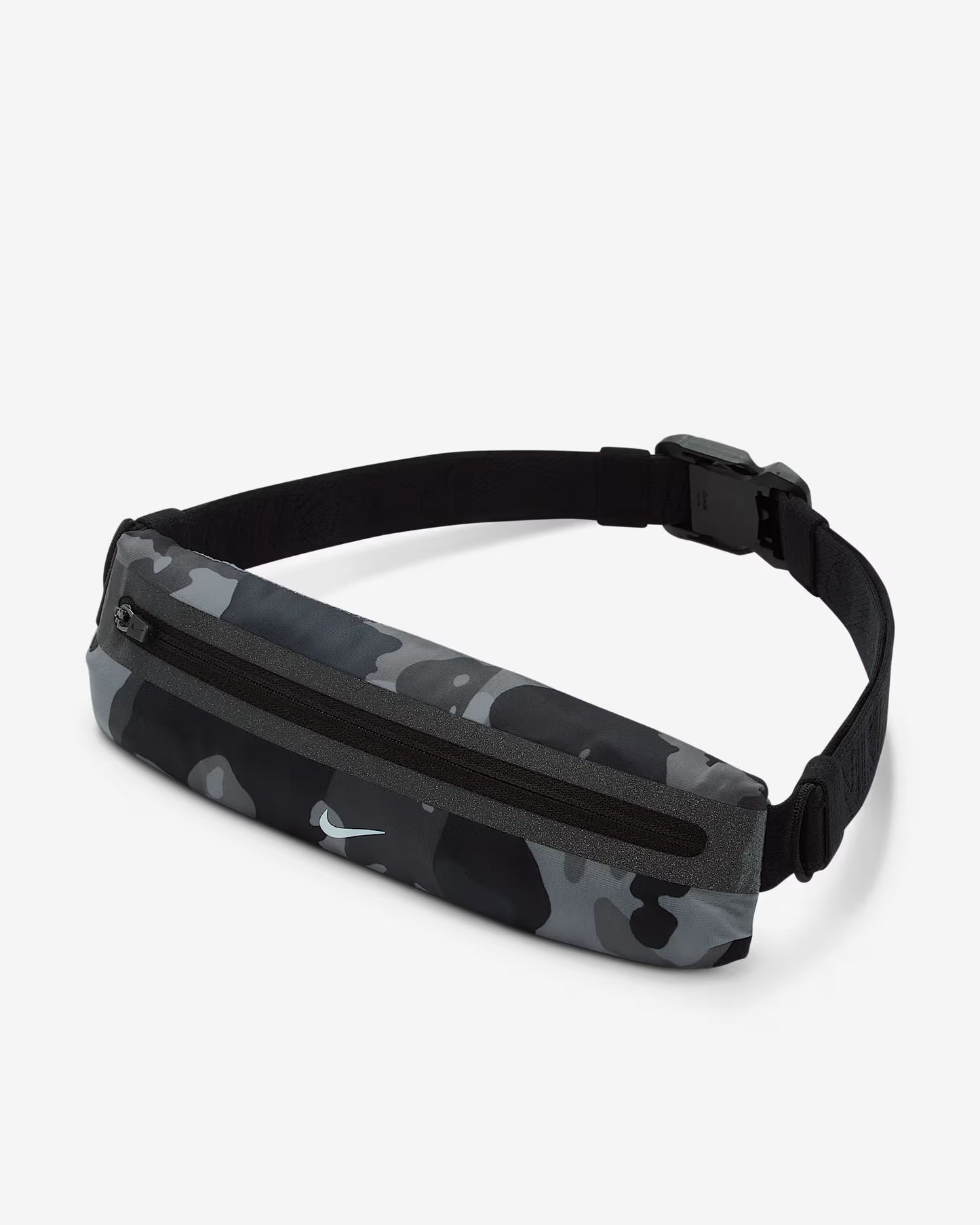 Black and gray Nike patterned waist bag with a black strap on a white background