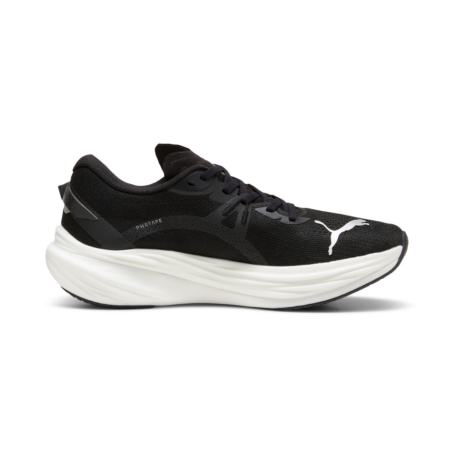 A pair of black Puma Deviate NITRO 3 running shoes with white soles and branding on the side.