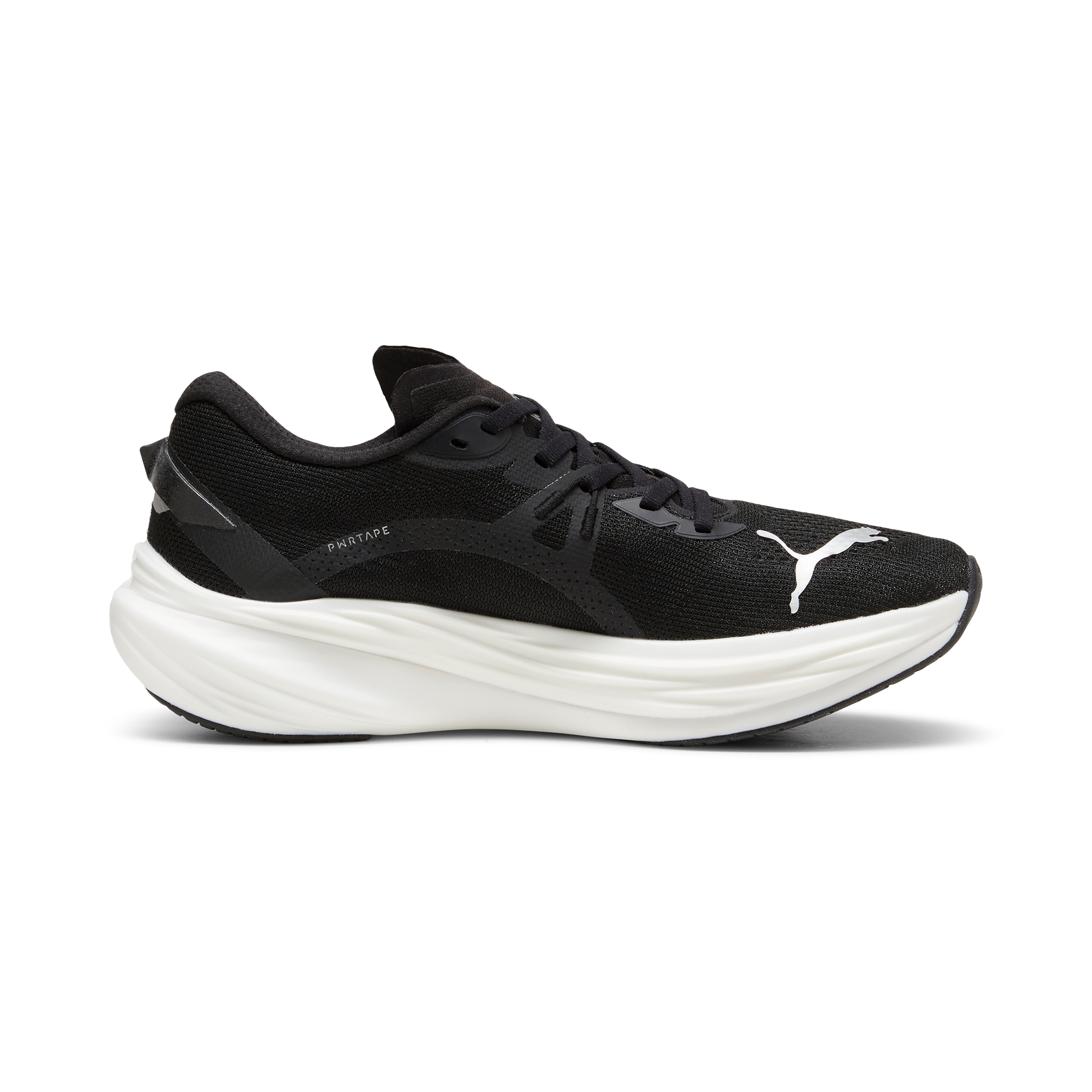 A pair of black Puma Deviate NITRO 3 running shoes with white soles and branding on the side.