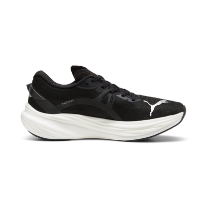 A pair of black Puma Deviate NITRO 3 running shoes with white soles and branding on the side.