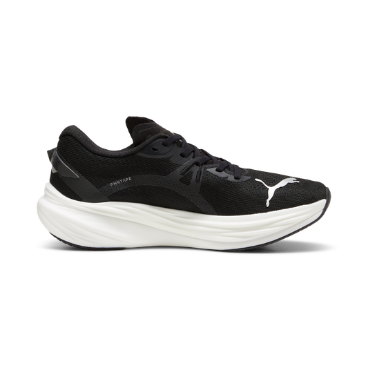 A pair of black Puma Deviate NITRO 3 running shoes with white soles and branding on the side.