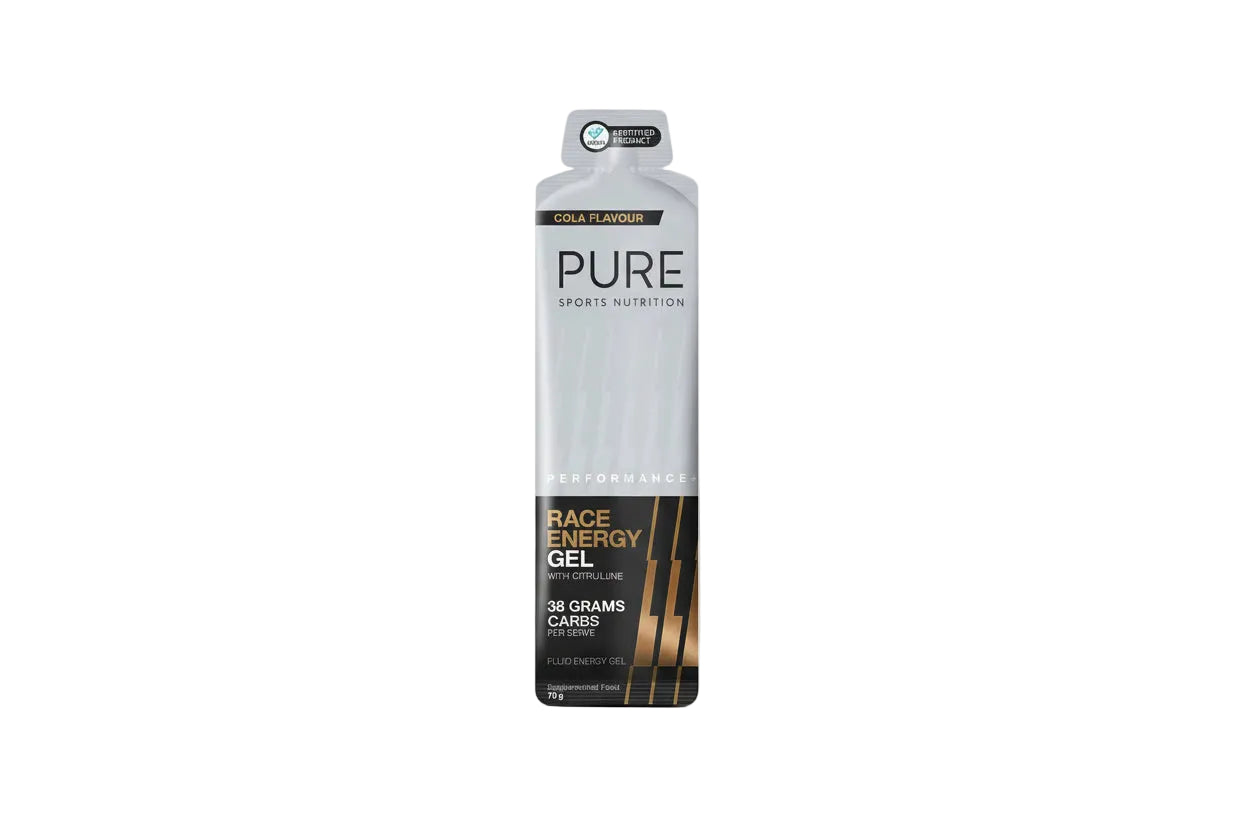 Pure race energy gel packaging on a white background