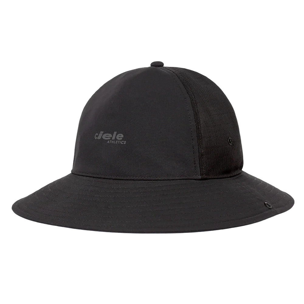 Black bucket hat with brand logo on a white background