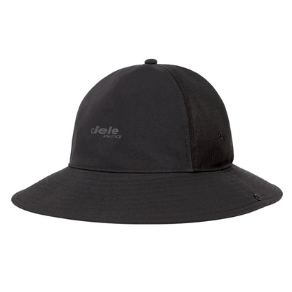 Black bucket hat with brand logo on a white background