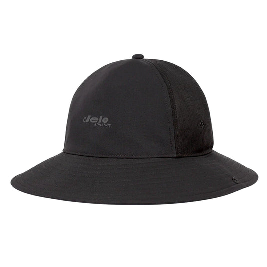 Black bucket hat with brand logo on a white background
